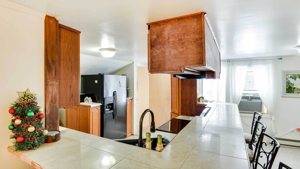 A kitchen with a long island, wooden cabinets, a stainless steel refrigerator, and a small Christmas tree. - Historic Carriage House < 20 Mi Elk Mtn: Hike, Ski (Lakewood)