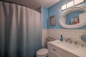 A bathroom with a shower curtain, a toilet, a sink with a mirror, and a framed picture on the wall. - Charming Apt W/patio: Walk to Downtown Albany (Albany)