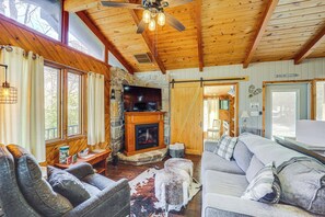 TV, fireplace, books