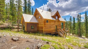 A wooden cabin with a metal roof, surrounded by trees and a clear sky. - Private Deck: Secluded Fairplay Cabin (Fairplay)