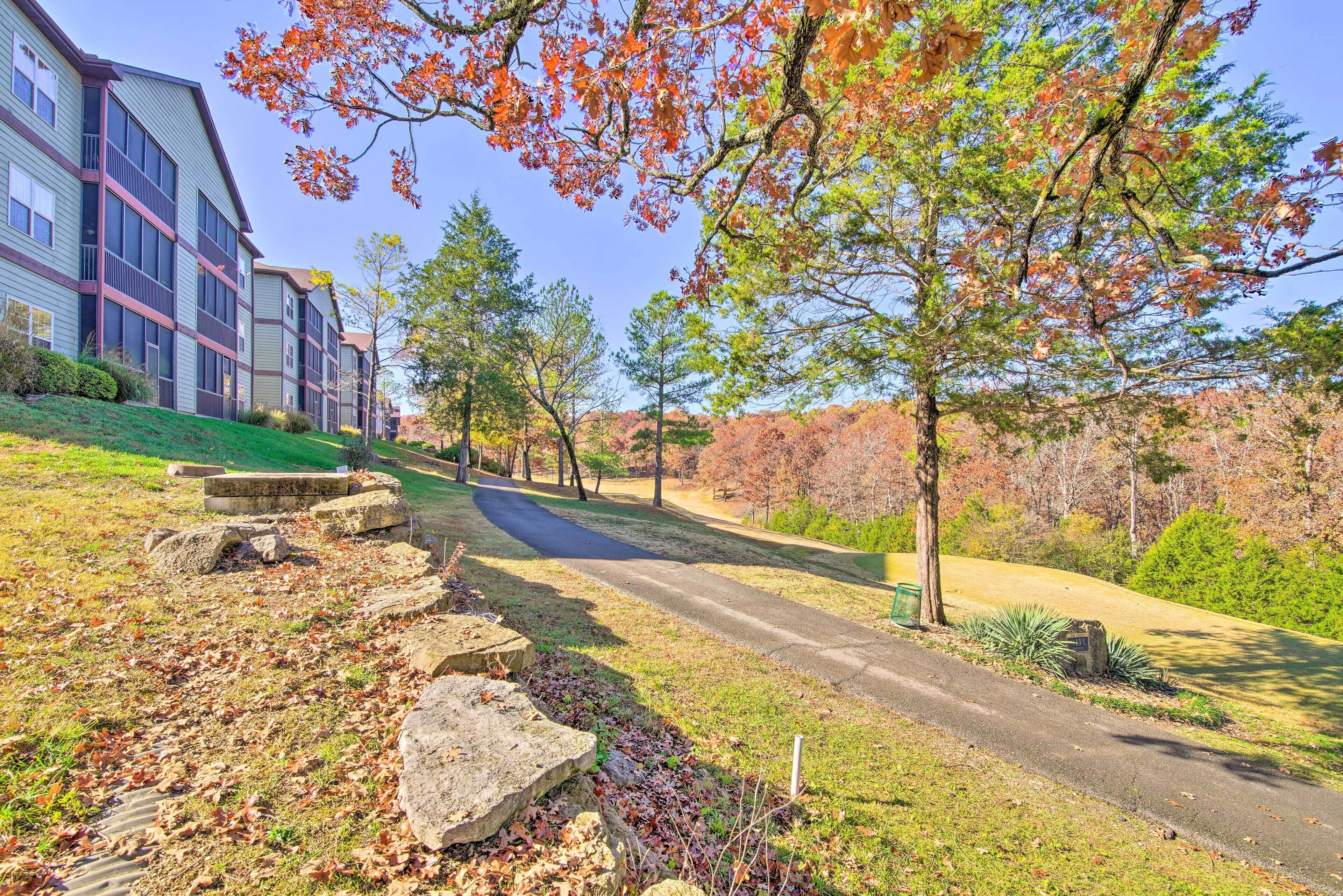 A residential area with a paved road, stone steps, and trees with autumn foliage.