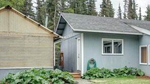 Una casa pequeña con fachada gris, un cobertizo de metal corrugado y un jardín con plantas de hojas.
