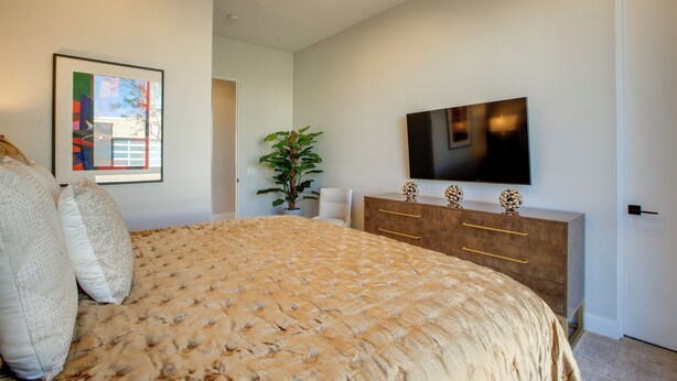 Ein Schlafzimmer mit einem großen Bett, einem an der Wand montierten Fernseher, einem Schminktisch und einer Pflanze.