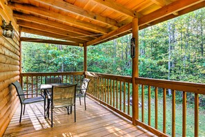House (1 Bedroom) | Interior - Porch & Fire Pit: Rustic Log Cabin in Smokies! (Cosby)