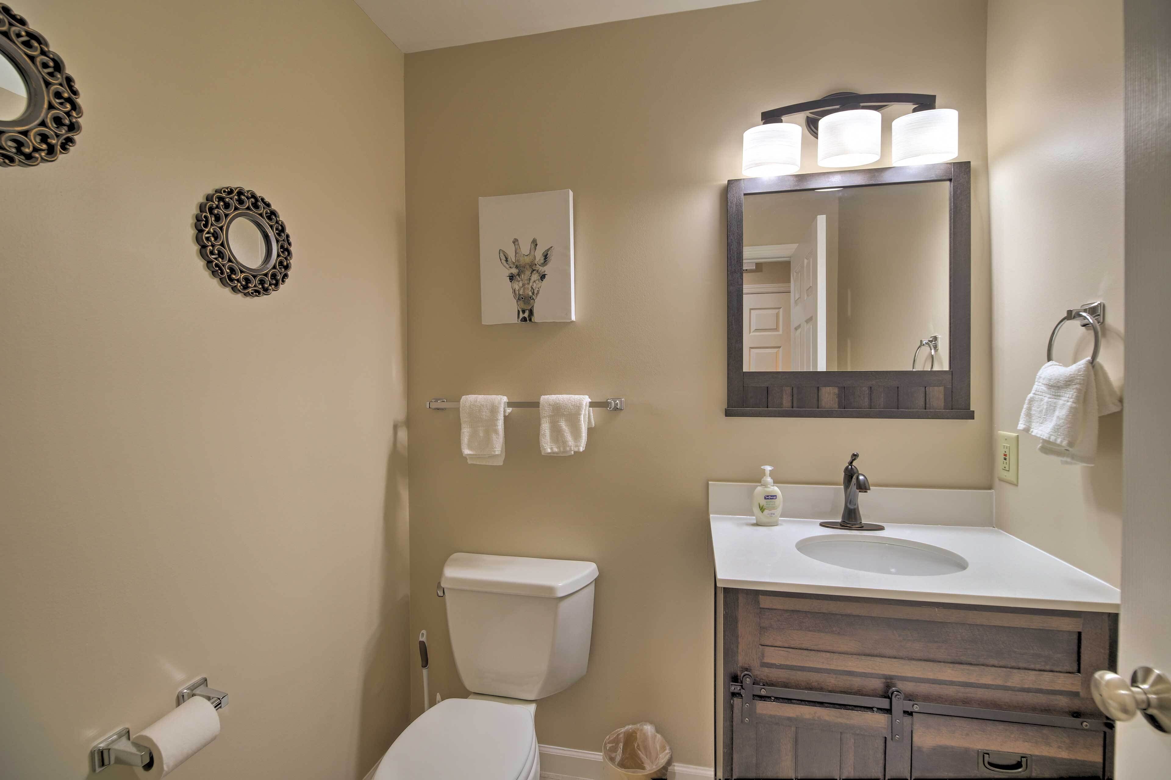 A bathroom with a toilet, sink, and mirror. There are two towels hanging on a rack, and a picture of a giraffe on the wall.