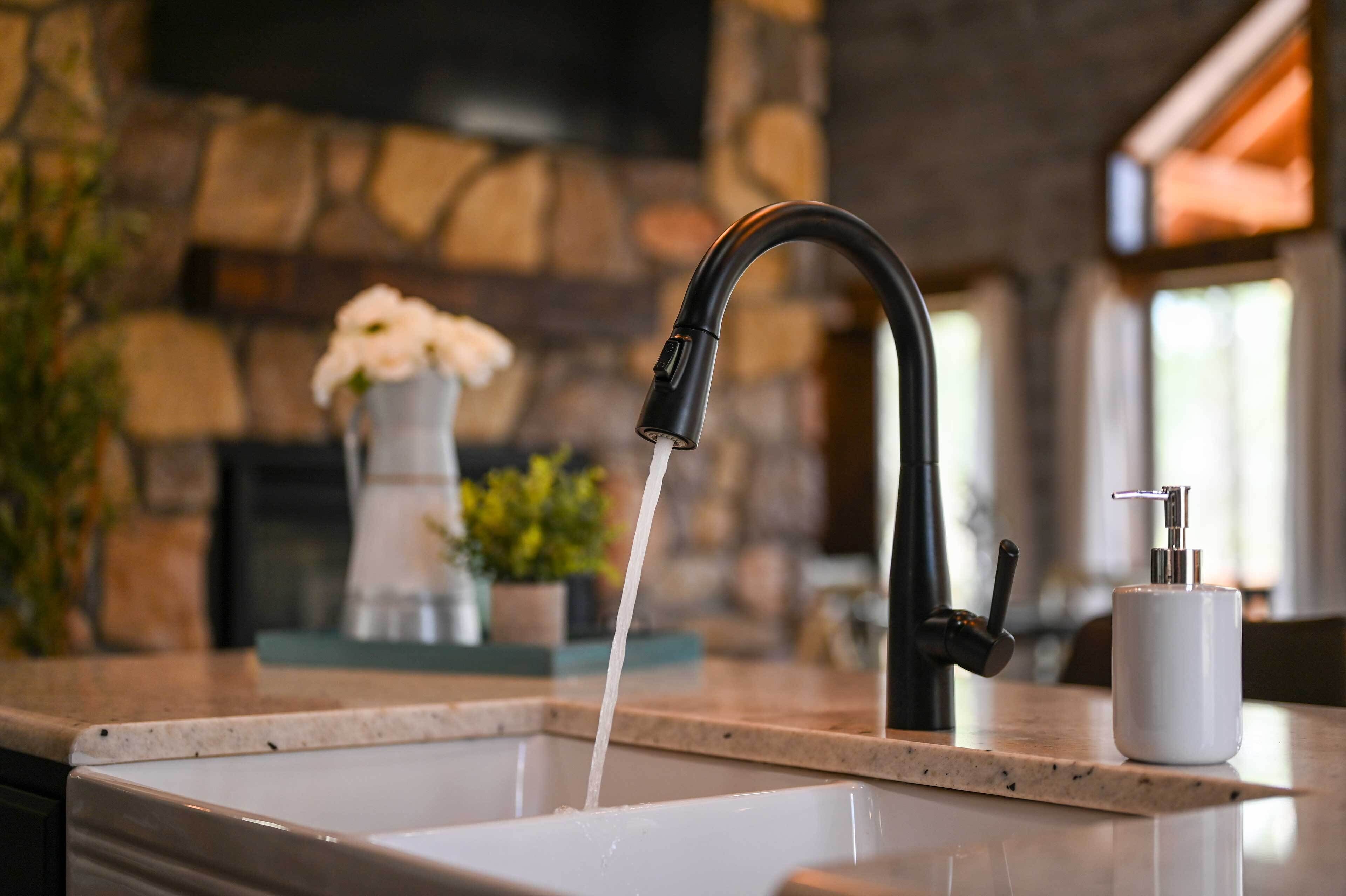 A kitchen sink with a modern faucet, a white soap dispenser, and a vase with flowers on the counter.