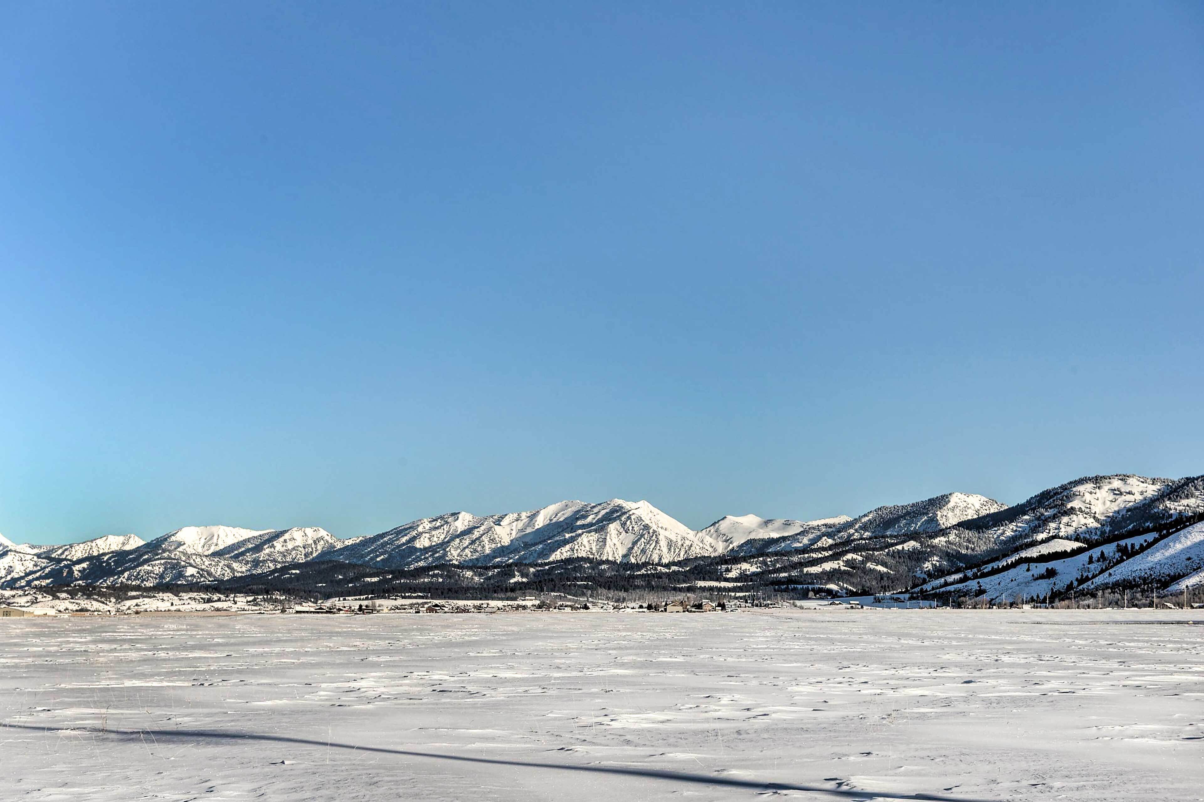 Un paysage enneigé avec des montagnes en arrière-plan.