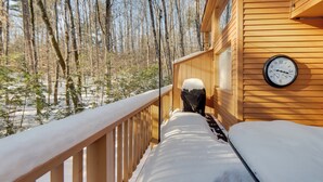 Un rivestimento in legno con ringhiere coperte di neve, una sveglia al muro e vista su una foresta innevata.