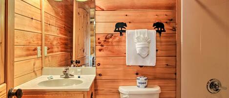 Baño de cabaña de madera con lavamanos, inodoro y ducha.