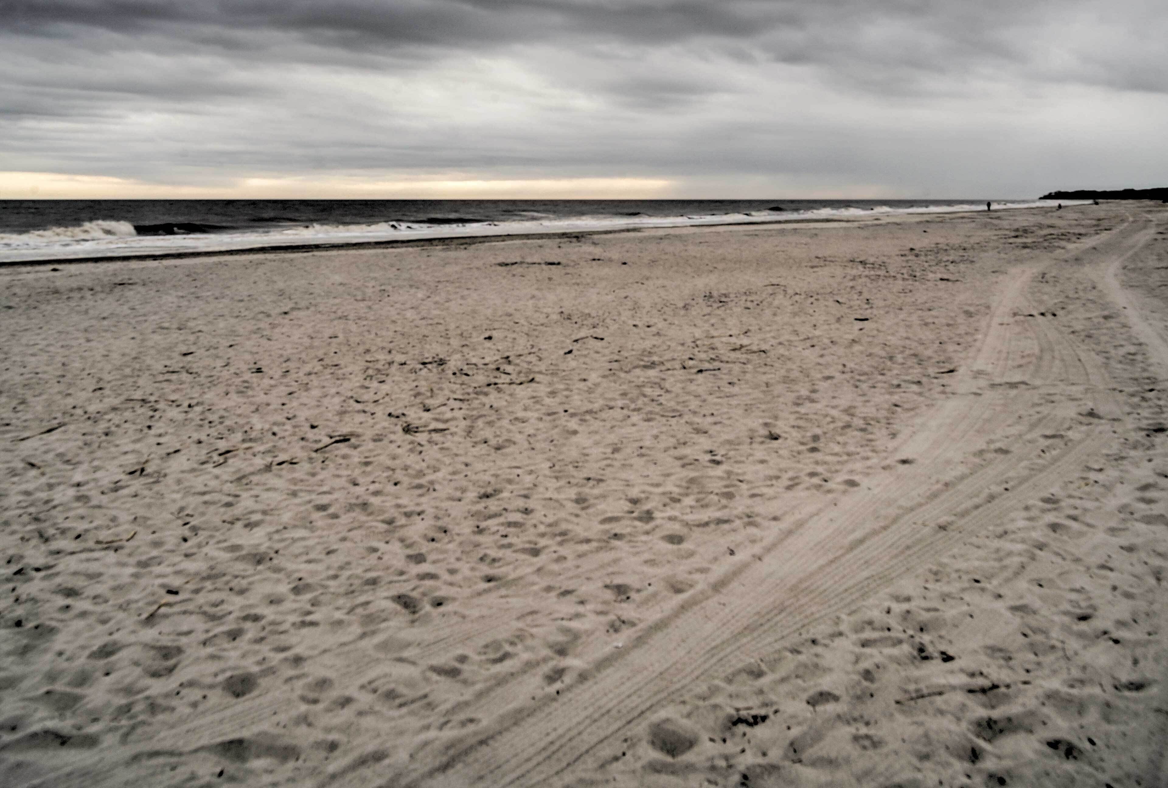 Una playa arenosa con una huella de neumático visible.
