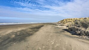 En sandstrand med fotspår som leder ner mot havet, en klar himmel och sanddyner i bakgrunden.