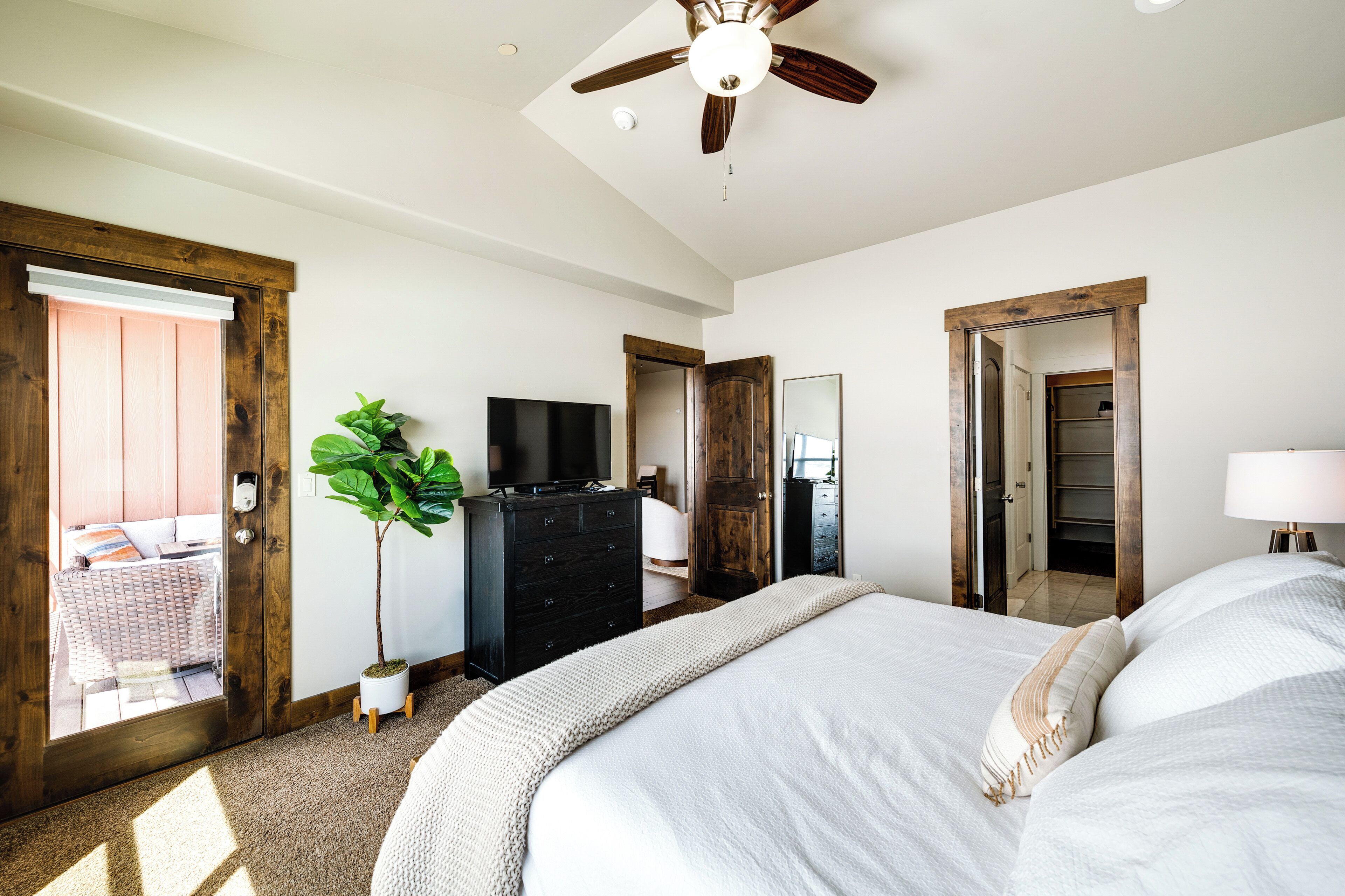 A bedroom with a large bed, a ceiling fan, a TV, and a potted plant.