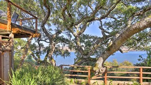A wooden deck with a railing overlooking a body of water. - Hillside Home w/ Deck & Views of Tomales Bay! (Inverness)