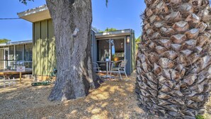 Un edificio moderno con puerta de cristal, un patio con sillas y un árbol grande.
