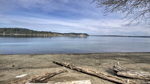 A calm lake with a sandy shore and driftwood. - Waterfront Anderson Island Home w/ Kayaks (Anderson Island)
