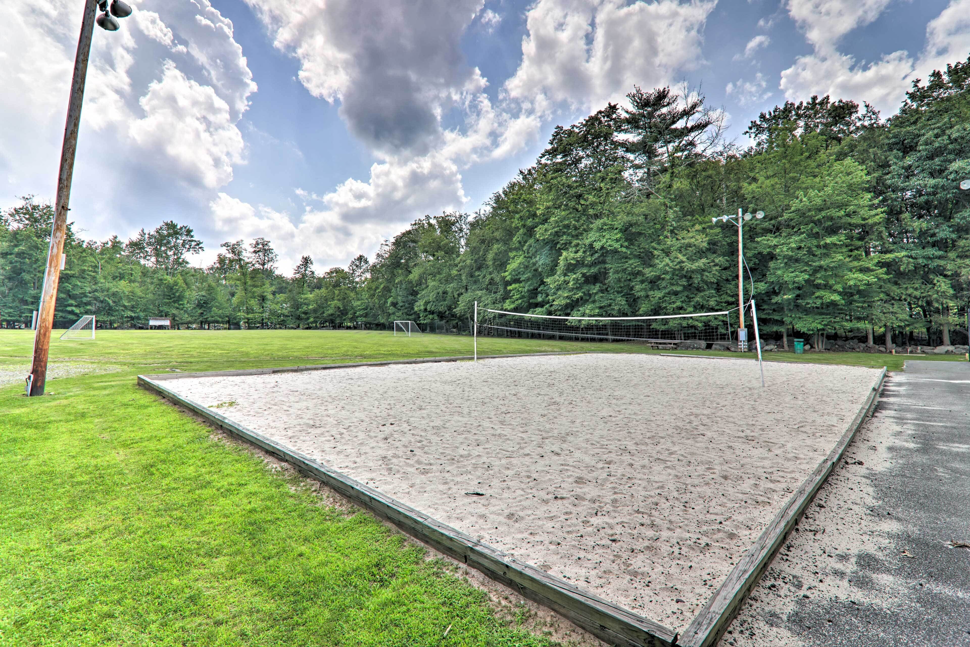 A volleyball court with a net, surrounded by green grass and trees.