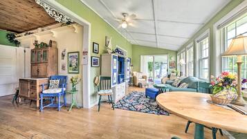 TV, fireplace, books