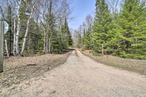 A gravel road flanked by birch trees and evergreen trees, leading into a forested area. - 6 Mi to Shingleton: Manistique Home w/ Yard! (Manistique)