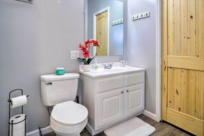 A bathroom with a toilet, sink, mirror, and wooden door.