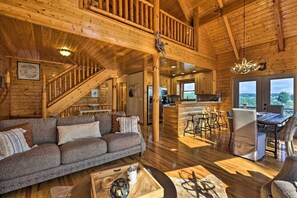TV, fireplace - Piney Creek Mountain-view Cabin w/ Wraparound Deck (Piney Creek)