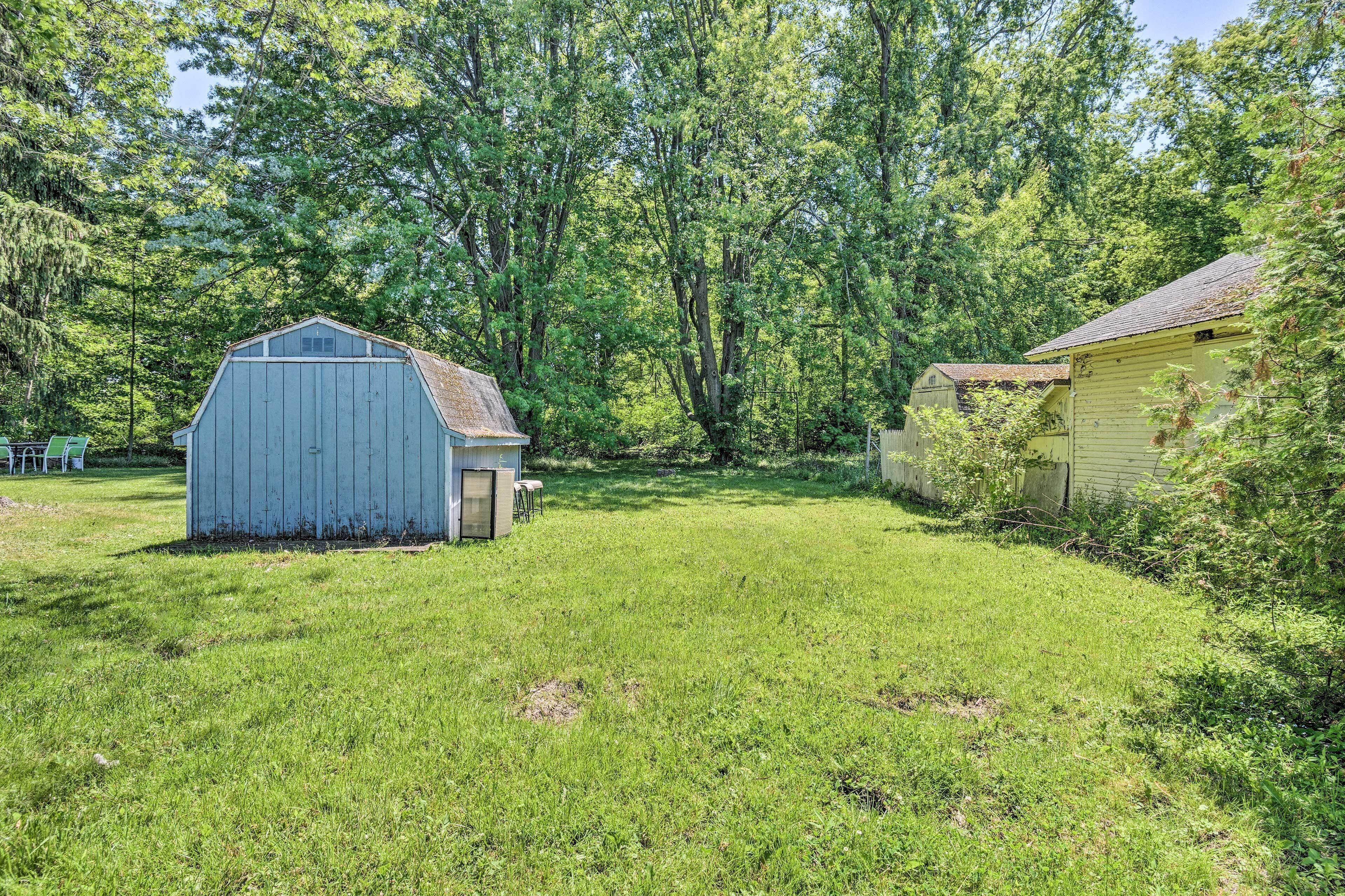 A grassy yard with a blue shed and a yellow building.