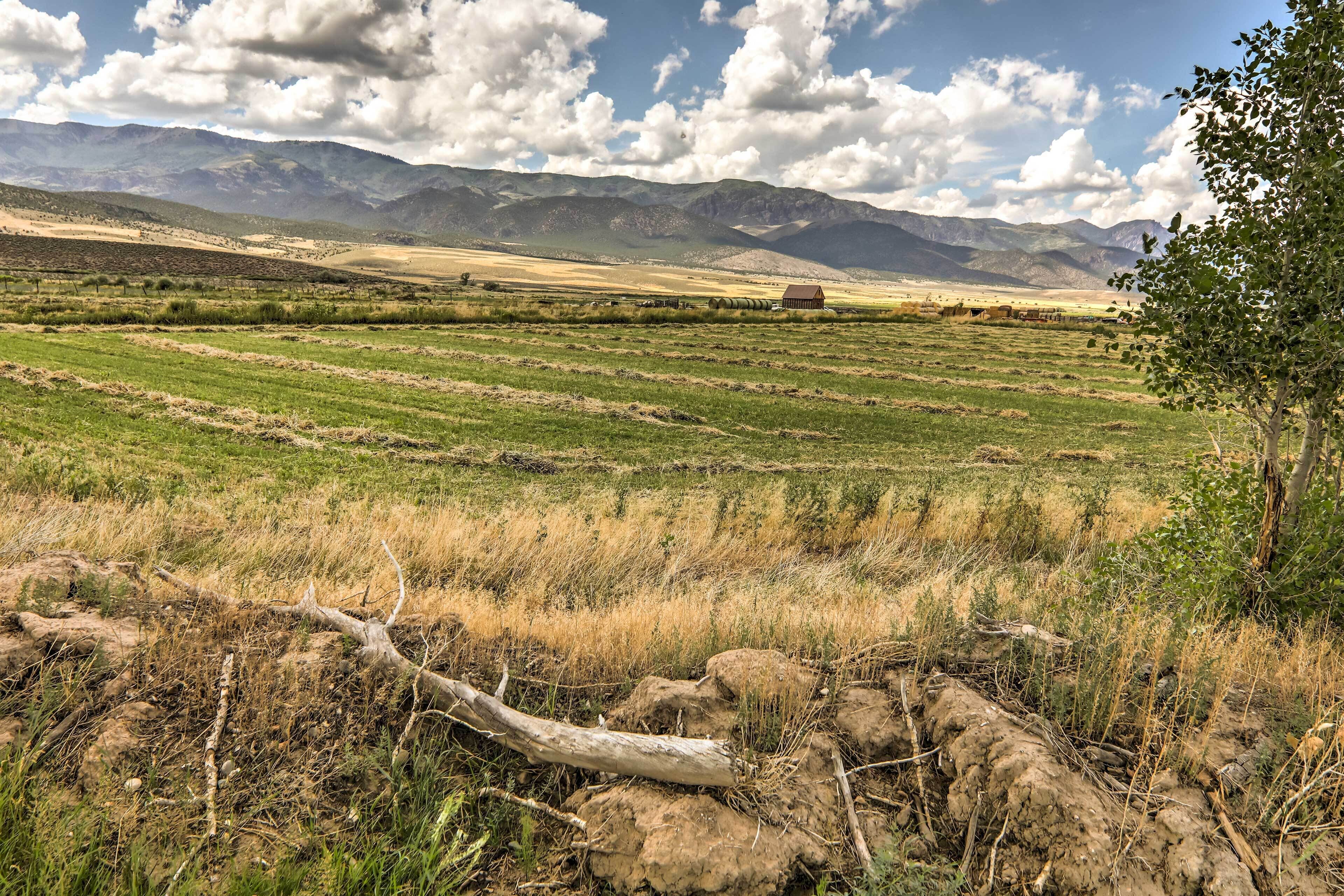 Un paisaje rural con campos, montañas y cielo despejado.