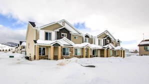 Une rangée de maisons modernes, avec un paysage enneigé en arrière-plan.