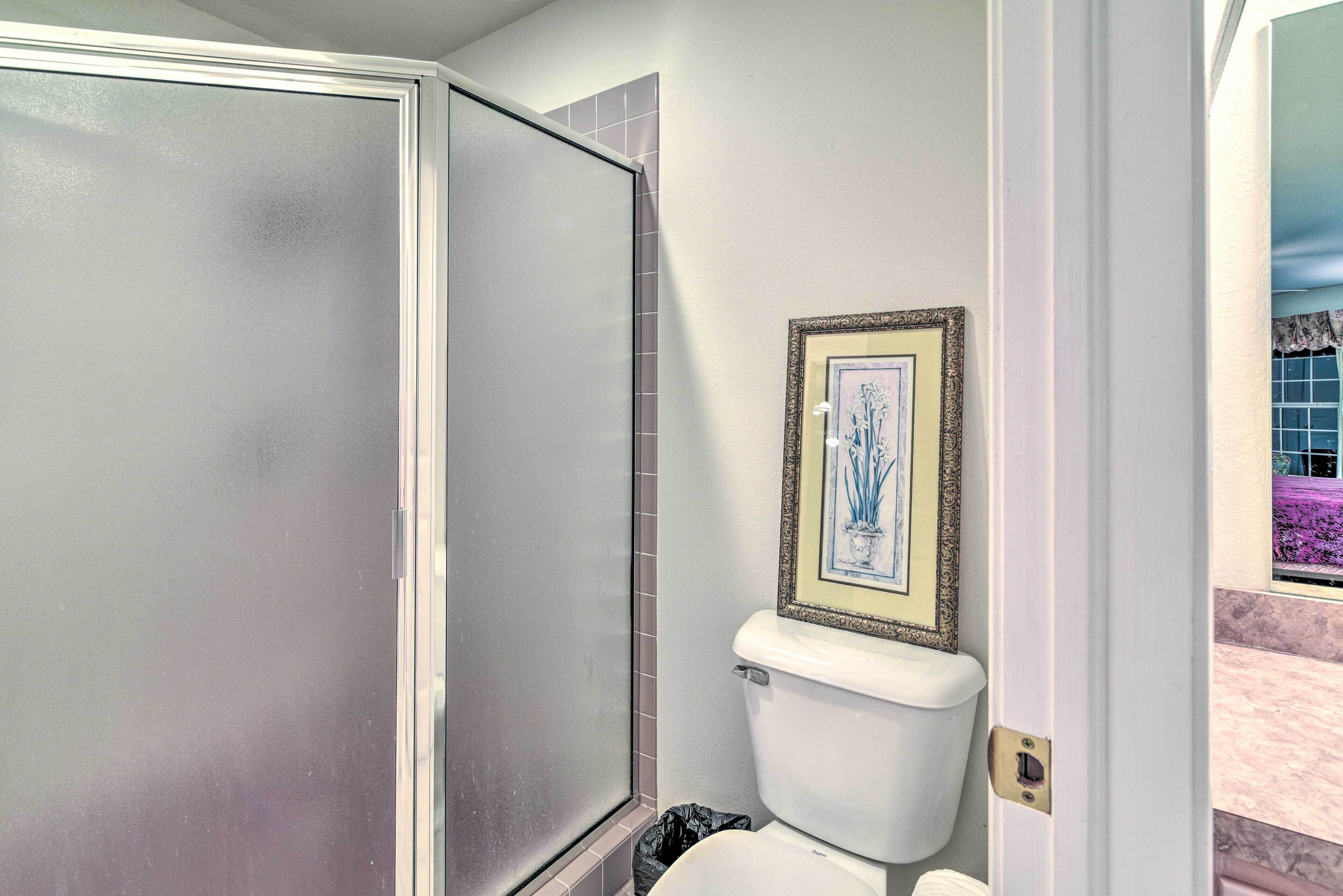 A bathroom with a shower, toilet, and a framed picture on the wall.