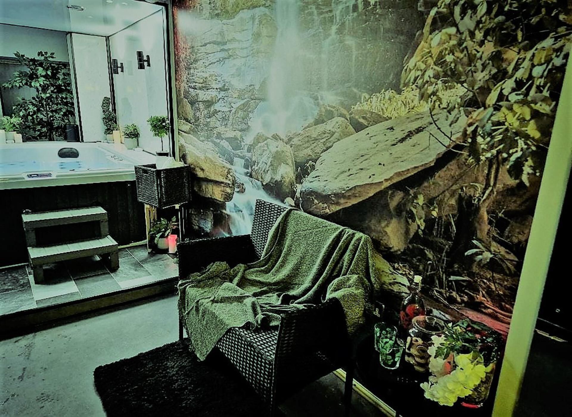 Une pièce décorée d’une fresque représentant une cascade, avec un canapé, une petite table sur laquelle sont posées des boissons et quelques plantes en pot.