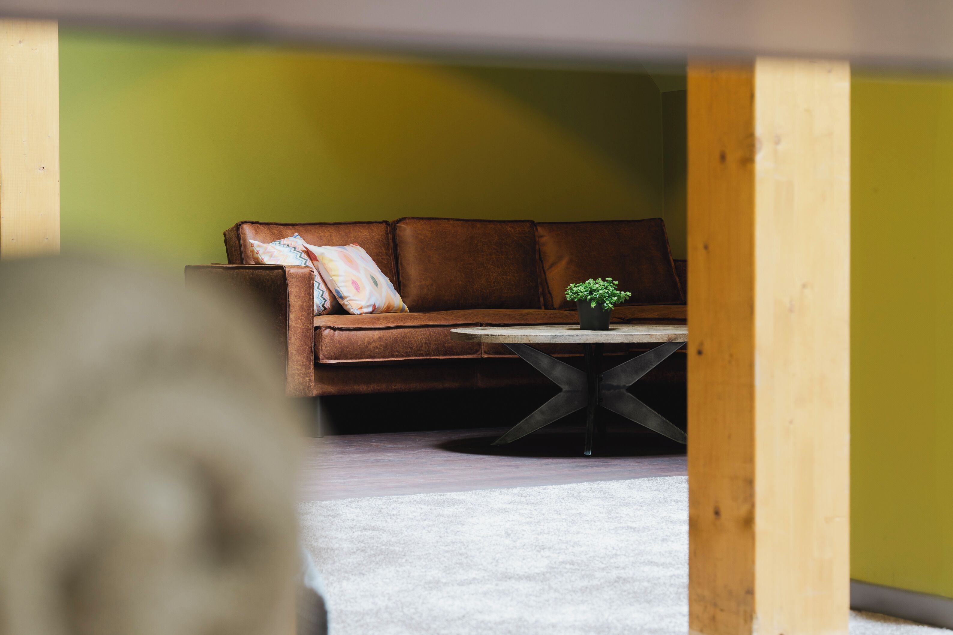 Un canapé en cuir marron avec un coussin et une petite table sur laquelle est posée une plante.