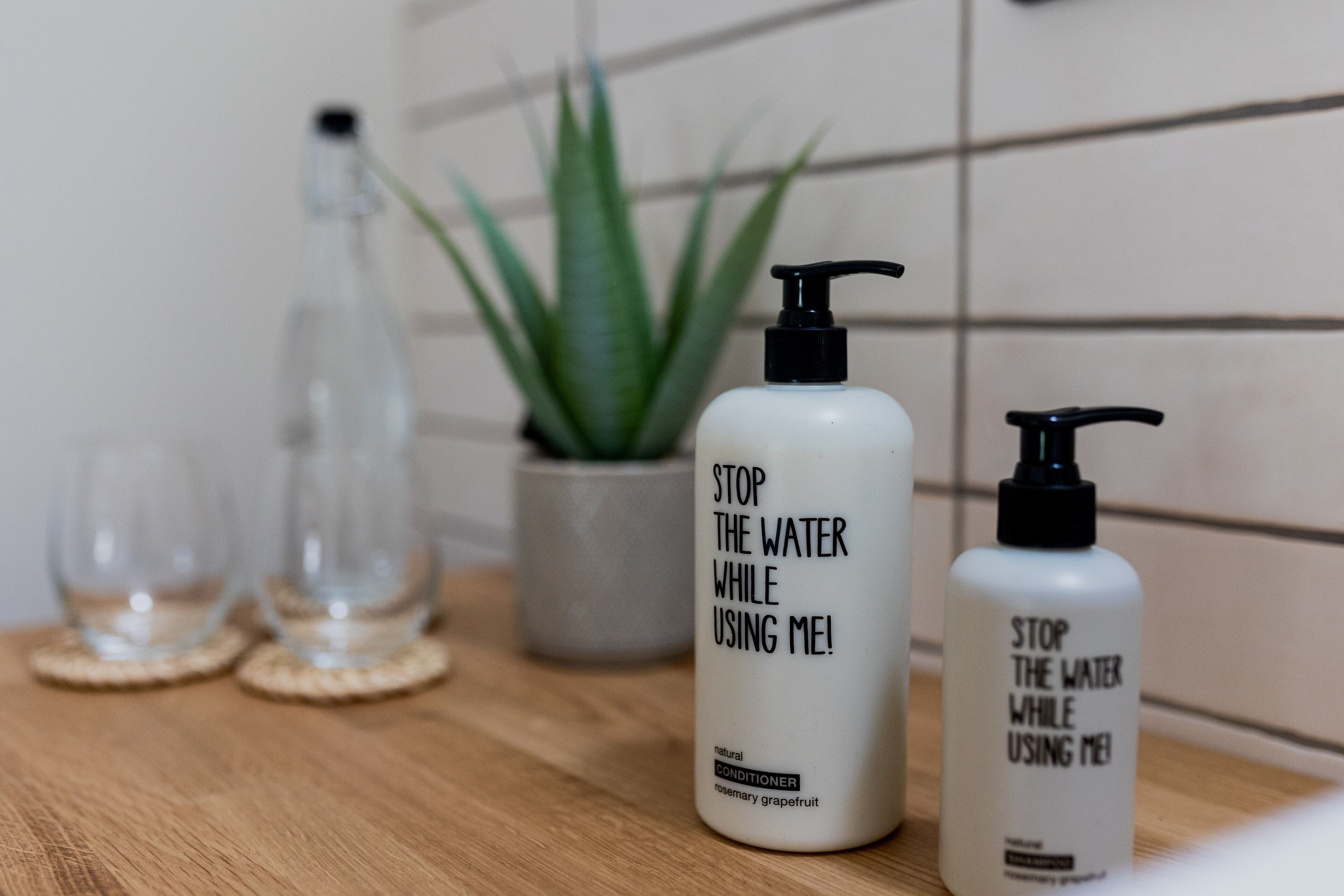 A bathroom counter with two bottles of natural conditioner and a potted plant.
