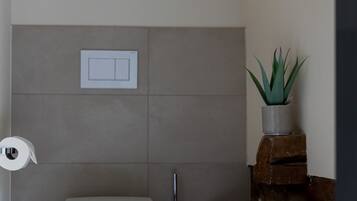 A compact bathroom with a toilet, a wall-mounted flush handle, a potted plant, and a stone ledge.