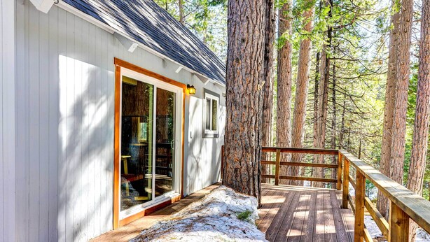 A cabin with a wooden deck, large windows, and a view of tall trees.