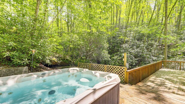 Ein Whirlpool, umgeben von üppiger Vegetation und einer Holzterrasse.
