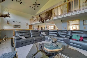 TV, fireplace, books