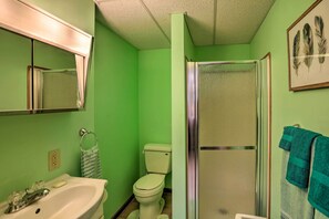 A bathroom with a green wall, a white sink, a toilet, and a glass shower enclosure. - 'eagles View' w/ Game Room - Walk to River! (Crofton)