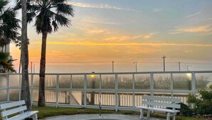 A pool with a bench and palm trees, surrounded by a fence with a view of a body of water and a sunset.