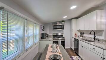 A modern kitchen with white cabinets, a granite countertop, a stainless steel sink, and a built-in microwave.