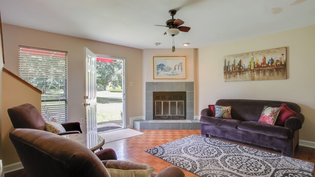 A living room with a fireplace, a sofa, and a patterned rug. - Baton Rouge Townhome w/ Pool Access - 7 Mi to Lsu! (Baton Rouge)