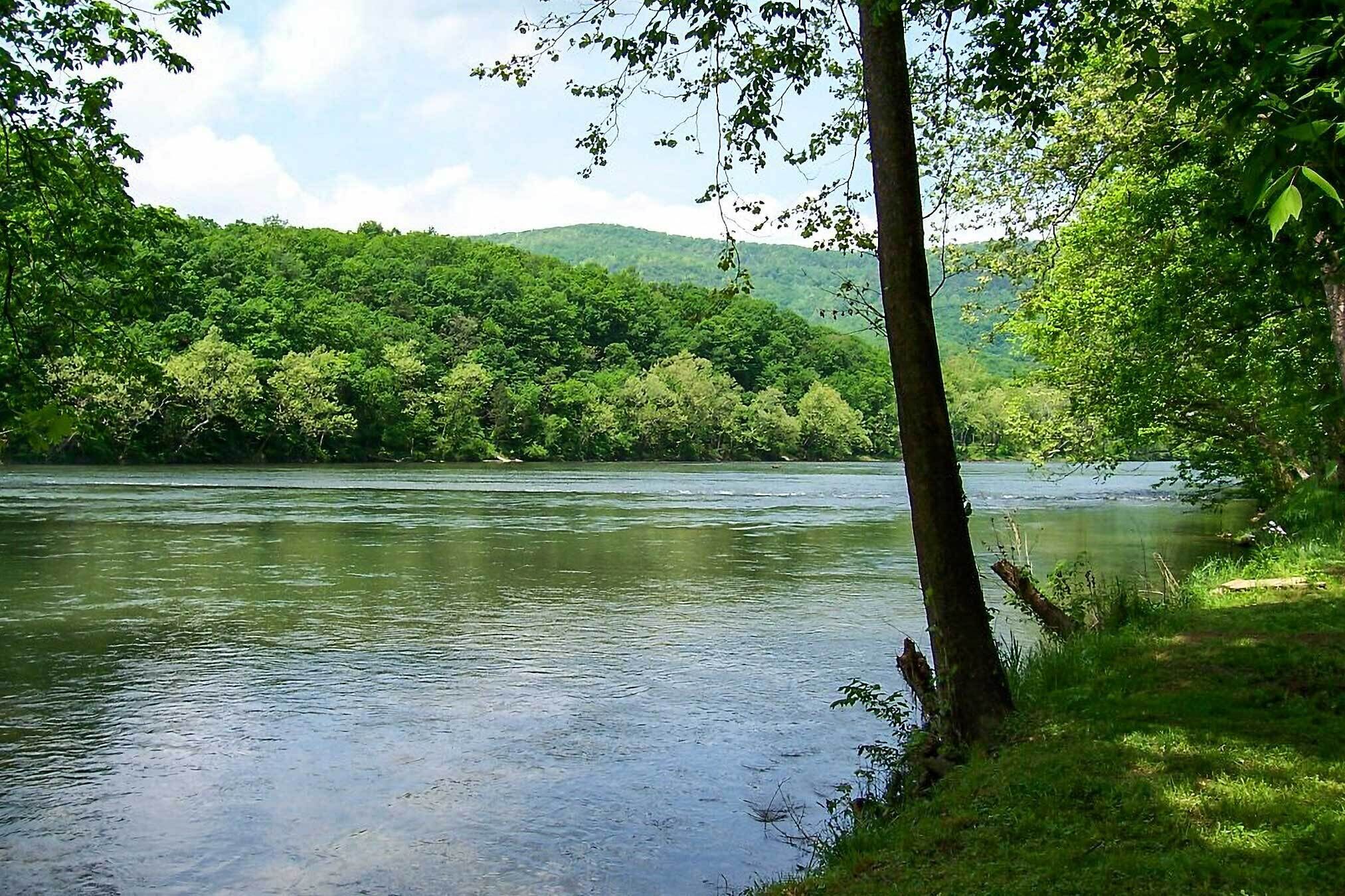 Ein Fluss, umgeben von üppiger Vegetation und Hügeln.