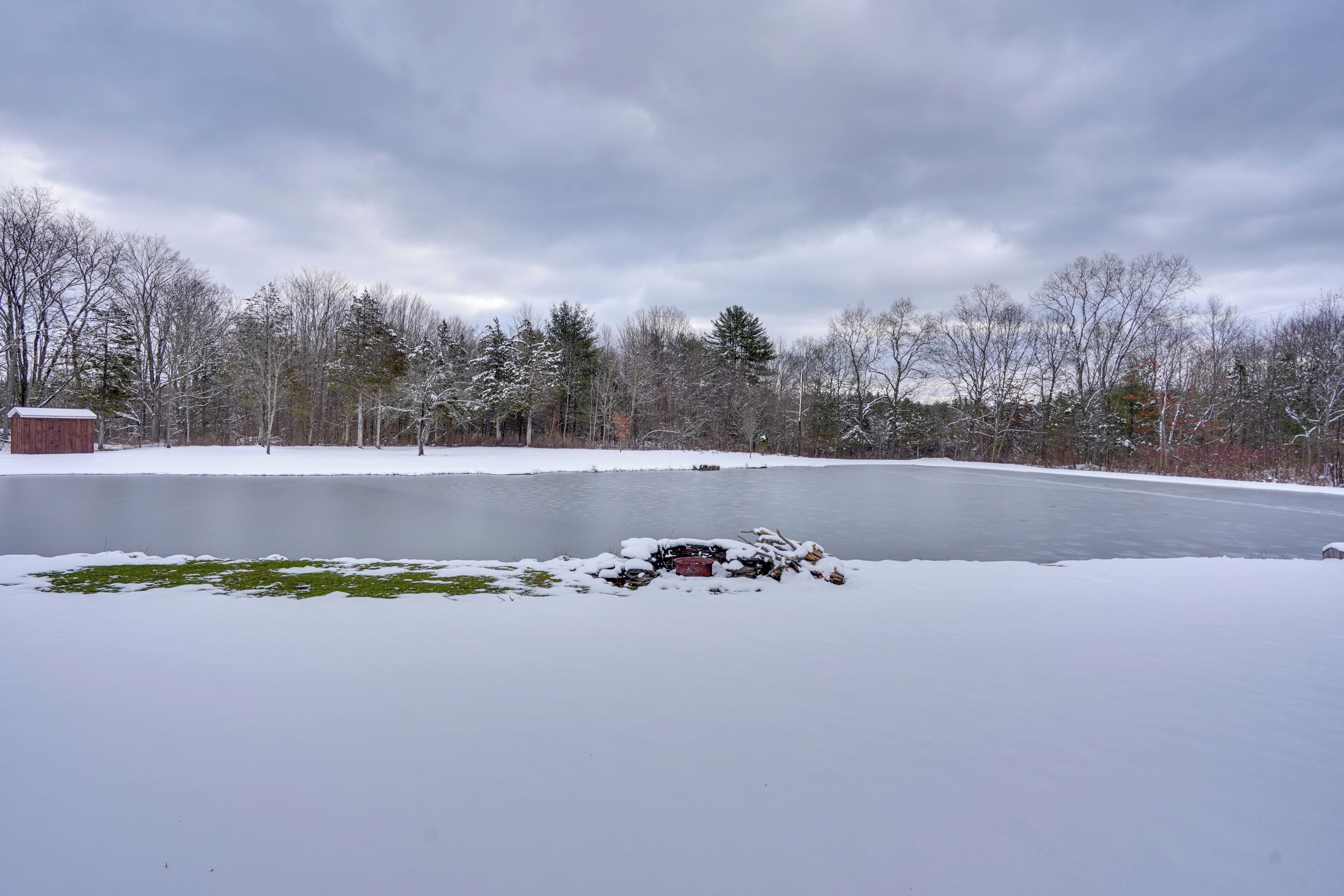 A snow-covered outdoor area with a pond, trees, and a small wooden structure.