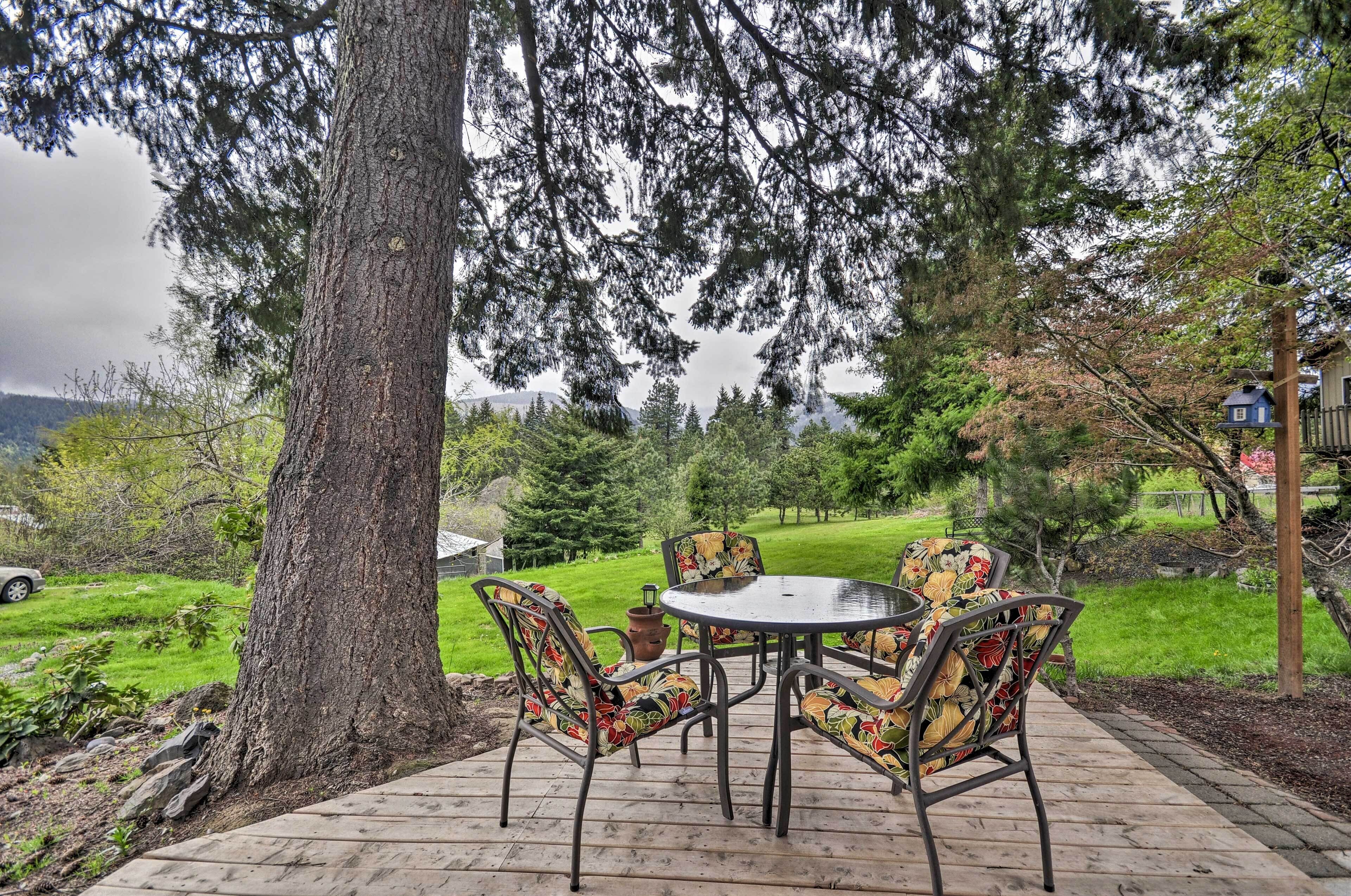 An outdoor patio with a round table and chairs, surrounded by a large tree and a view of a grassy area with a house in the background.