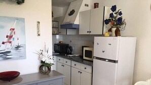 A compact kitchen with white cabinets, a white refrigerator, a microwave, and a sink. There's a painting of a sailboat on the wall and a vase with flowers on the counter. - APT 3 ROOMS 35m2 + TERRACE 13m2 REF 4010 (MARSEILLAN PLAGE)