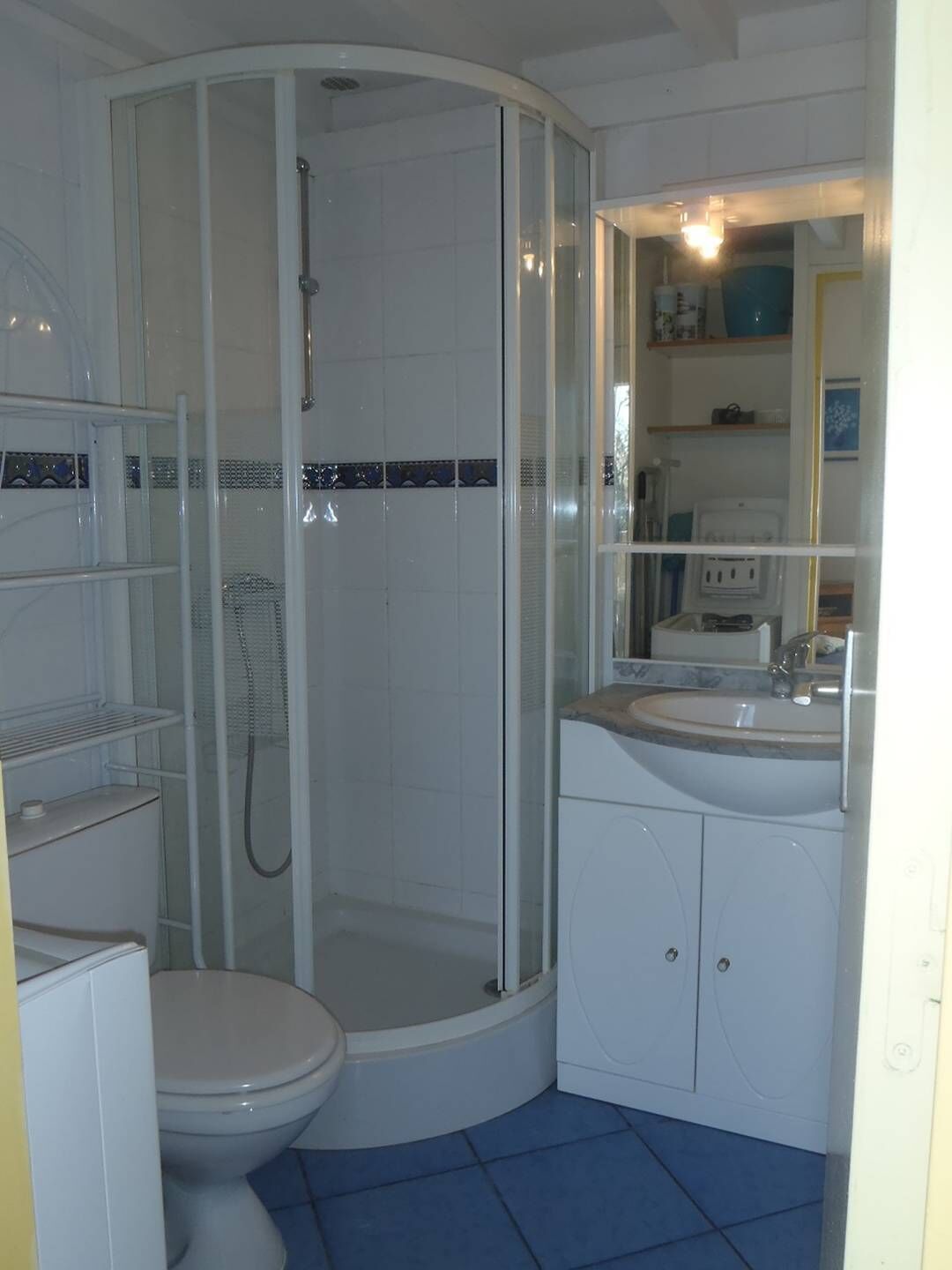 Ein Badezimmer mit einer Duschkabine, einer Toilette und einem Waschbecken mit Schränken.