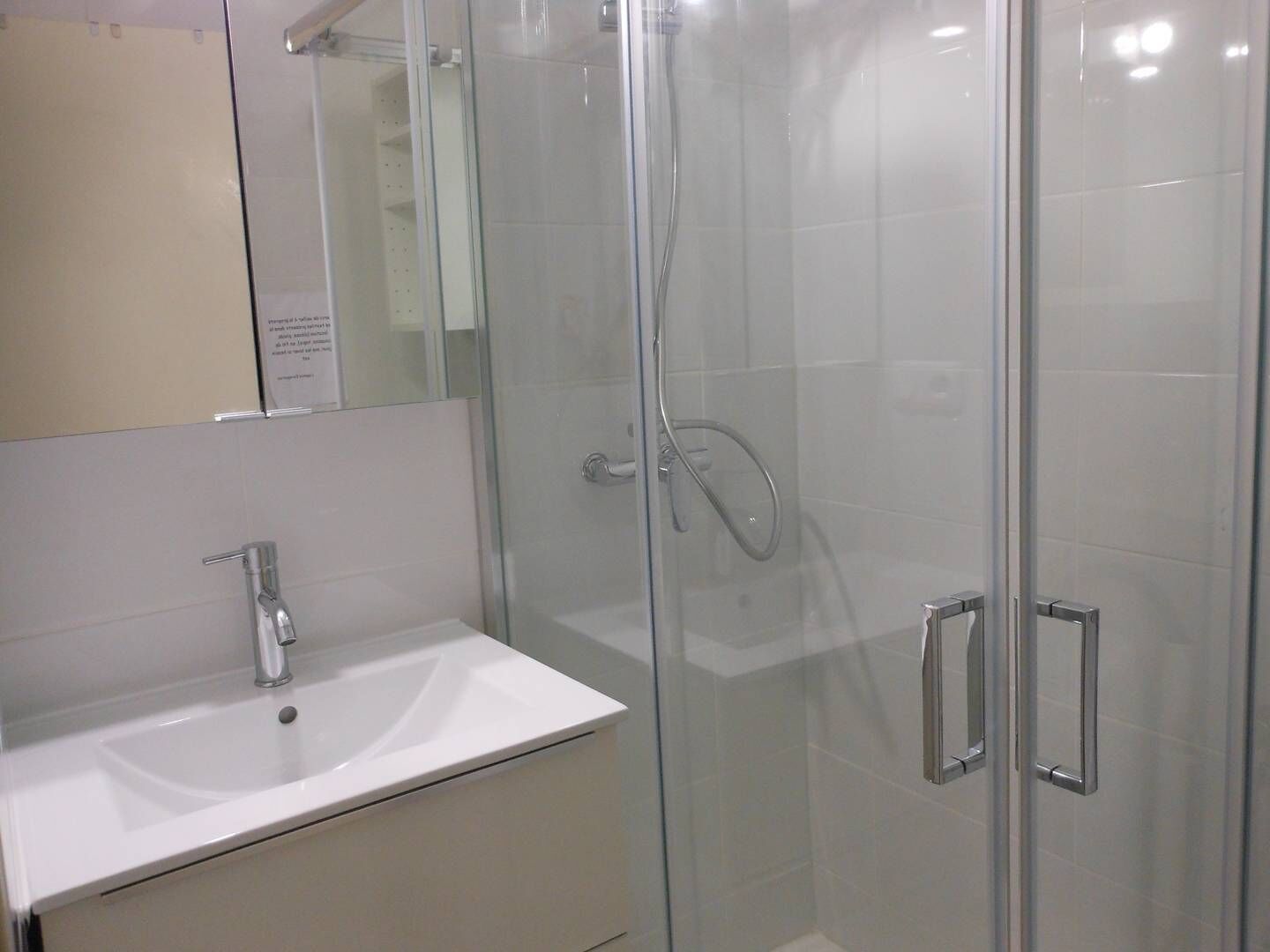 A modern bathroom with a glass-enclosed shower, a white sink, and a mirror above the sink.