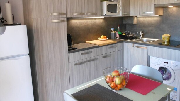 Une cuisine compacte équipée d’un four à micro-ondes, d’un évier et d’un lave-linge.