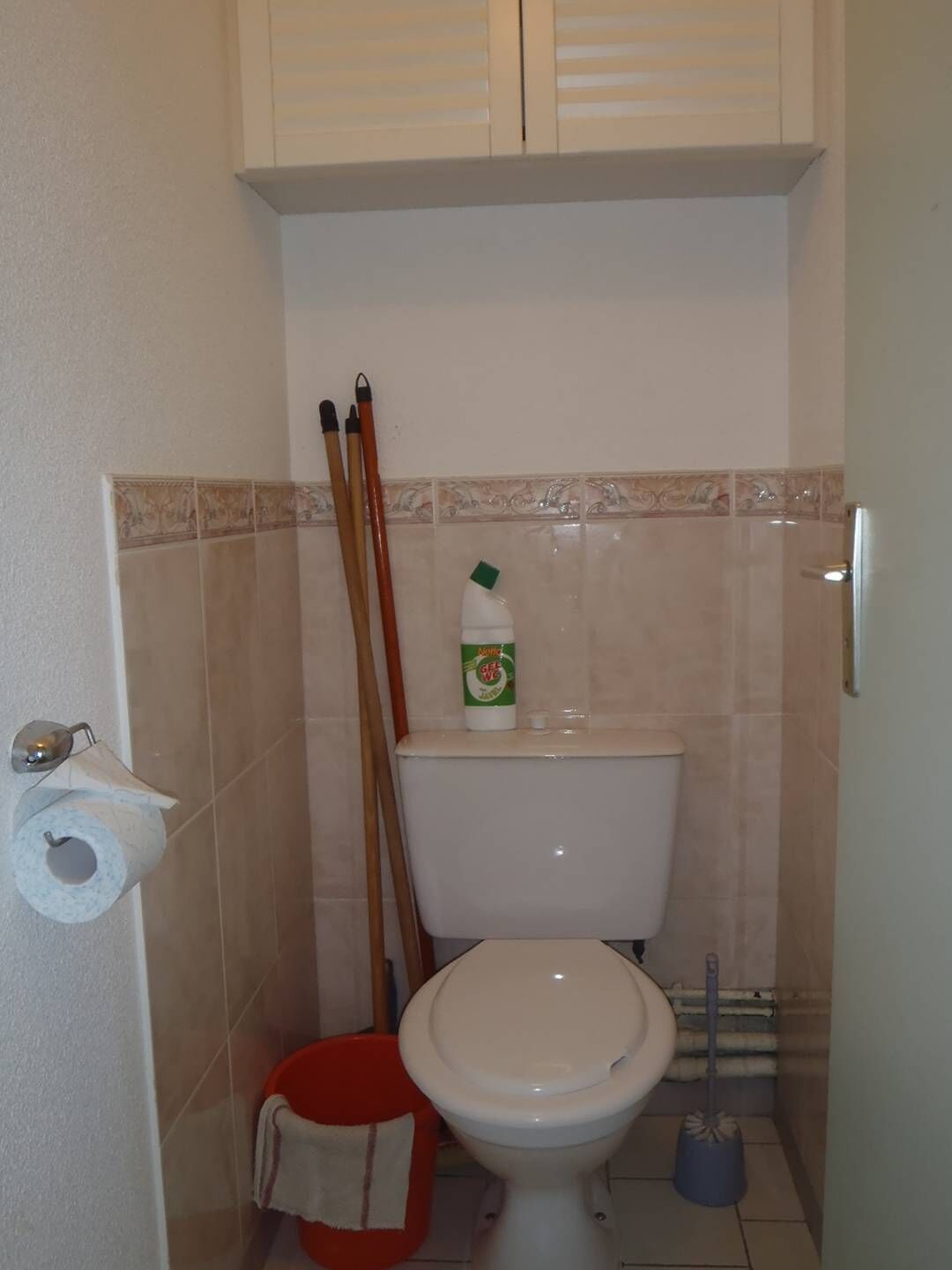 A small bathroom with a toilet, a roll of toilet paper, a cleaning brush, and a bottle of cleaning liquid.