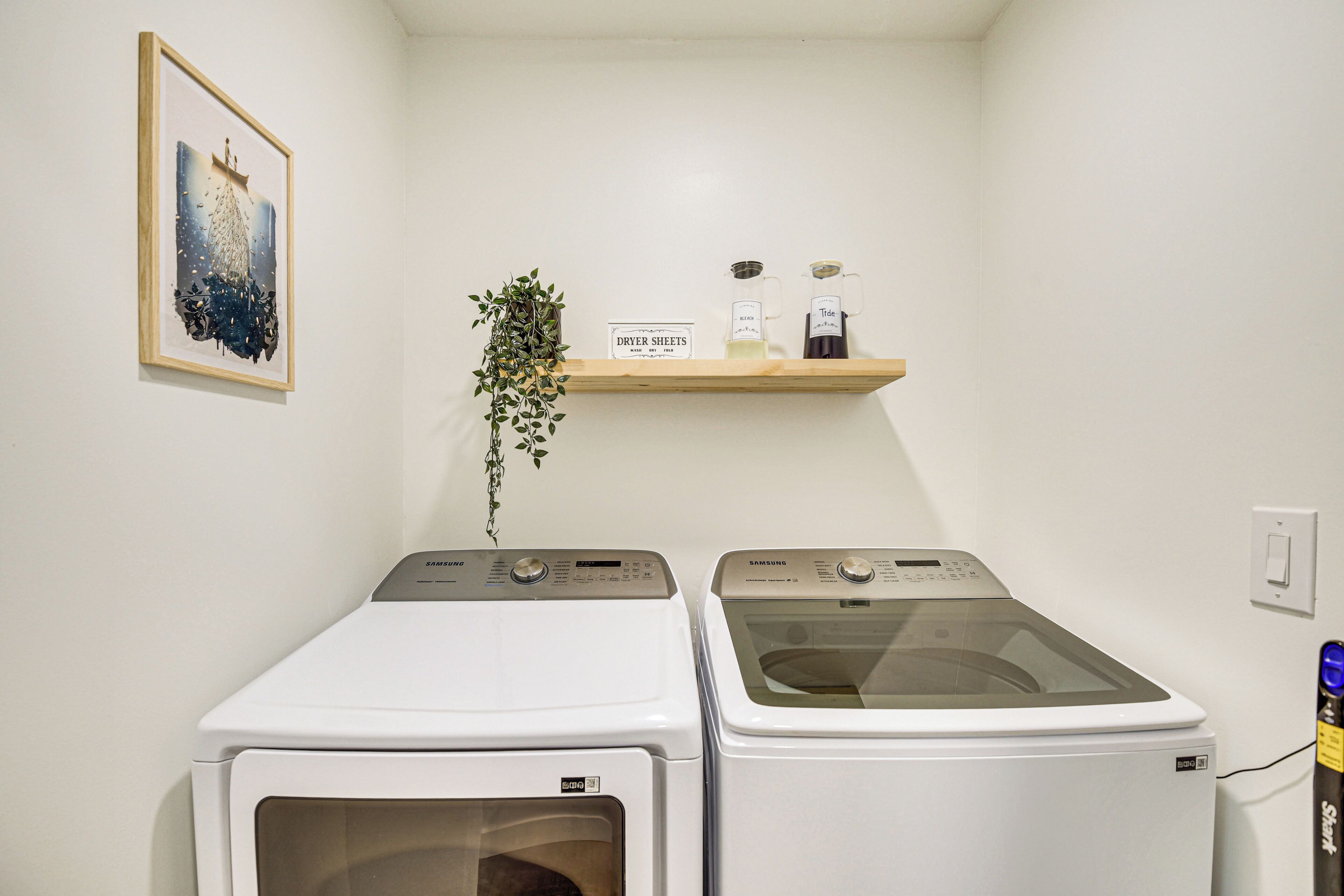 A laundry room with two front-loading washing machines, a shelf with a plant, a sign for dryer sheets, and a bottle of Tide detergent.