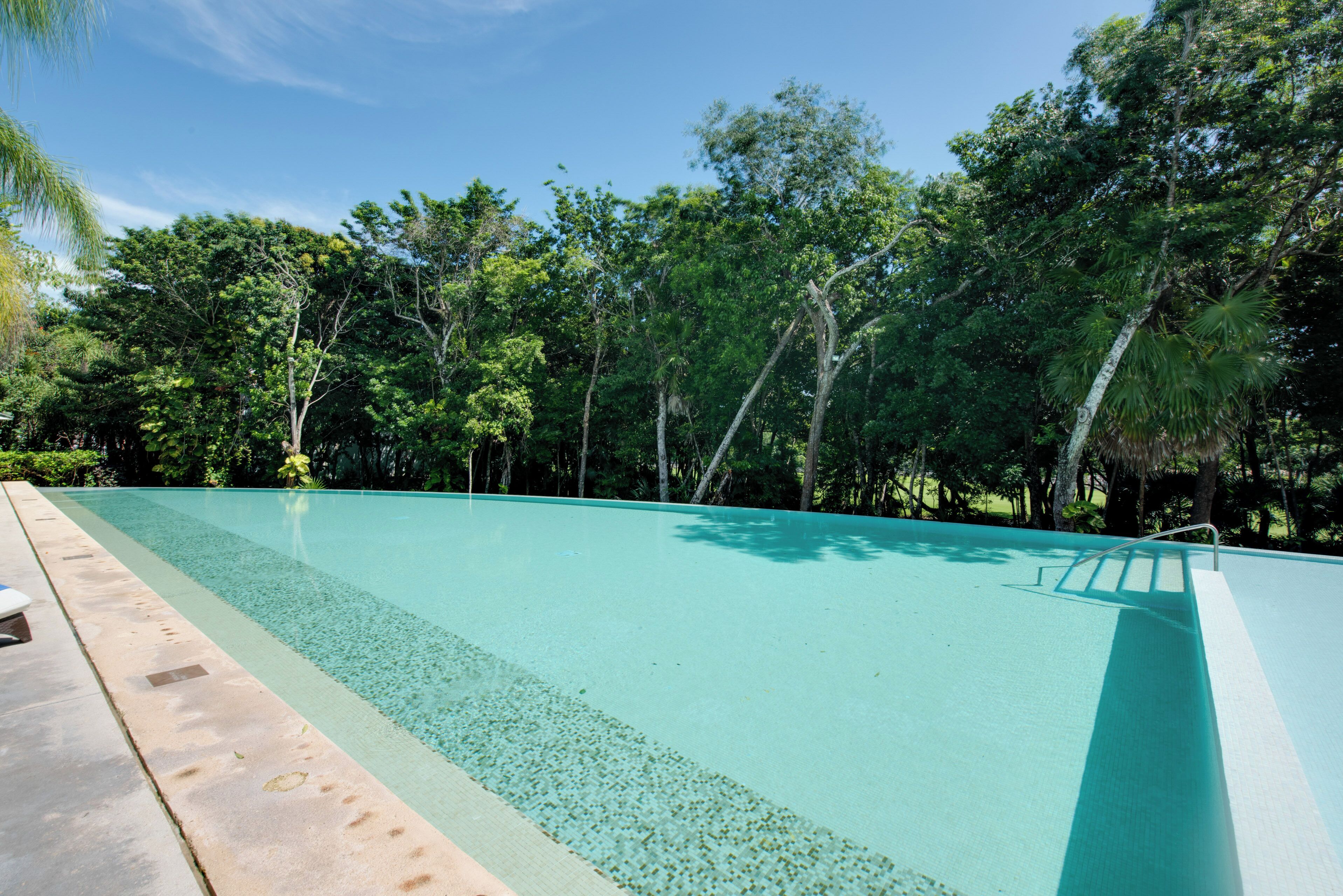 Una piscina cristalina rodeada de exuberante follaje.