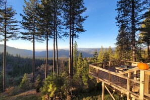Une terrasse en bois offrant une vue sur une forêt et des montagnes.